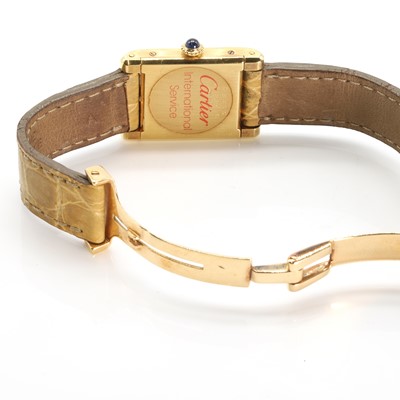 Lot 355 - A ladies' 18ct gold Cartier Tank Louis mechanical strap watch