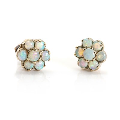 Lot 1224 - A pair of 9ct gold opal cluster earrings