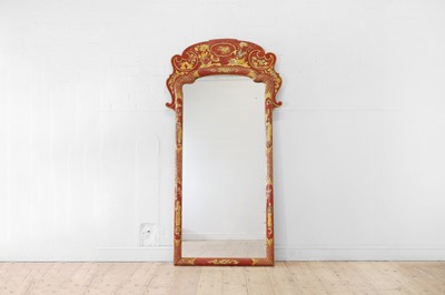 Lot A George I-style red and gilt japanned pier mirror