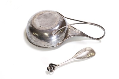 Lot 10 - An Arts and Crafts silver and chrysoprase-set porringer and spoon