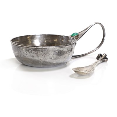 Lot 10 - An Arts and Crafts silver and chrysoprase-set porringer and spoon