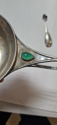 Lot 10 - An Arts and Crafts silver and chrysoprase-set porringer and spoon