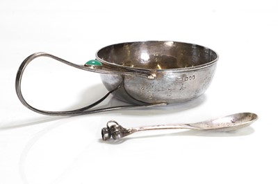 Lot 10 - An Arts and Crafts silver and chrysoprase-set porringer and spoon