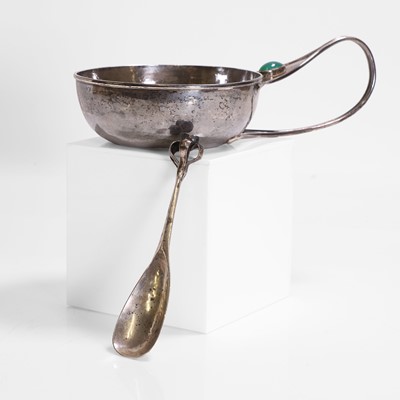 Lot 10 - An Arts and Crafts silver and chrysoprase-set porringer and spoon