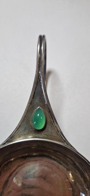 Lot 10 - An Arts and Crafts silver and chrysoprase-set porringer and spoon