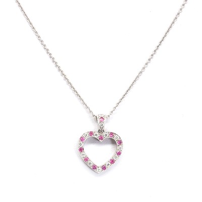 Lot 1114 - A white gold diamond and pink sapphire pendant and chain