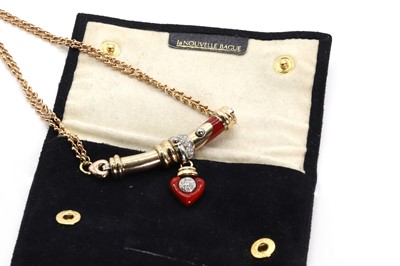 Lot 1242 - An 18ct gold diamond and enamel drop necklace, by la Nouvelle Bauge