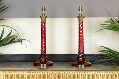 Lot 11 - A pair of ruby glass column table lamps