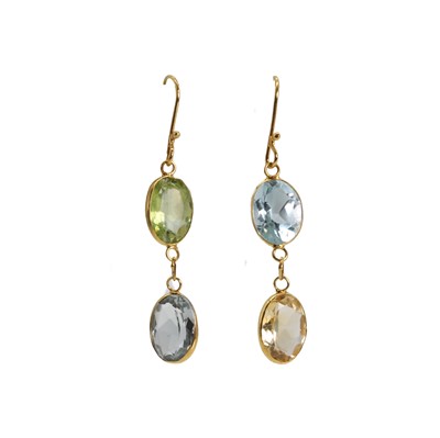 Lot 1186 - A pair of citrine, peridot and topaz drop earrings