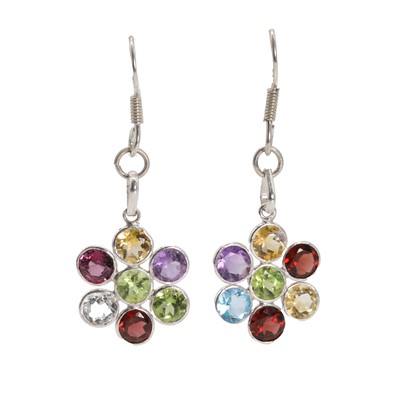 Lot 1266 - A pair of varicoloured gemstone floral earrings