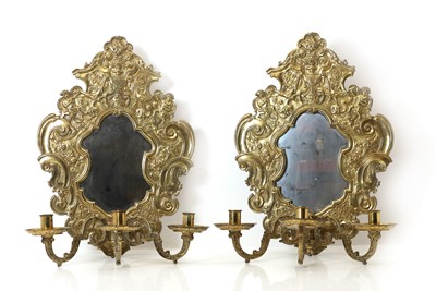 Lot 399 - A pair of brass framed wall sconces