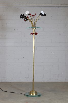 Lot 138 - An Italian brass, enamel and glass floor lamp