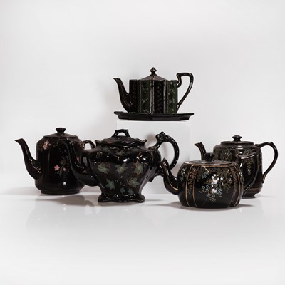 Lot 203 - Five Victorian black-glazed teapots and covers