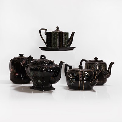 Lot 203 - Five Victorian black-glazed teapots and covers