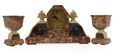 Lot 210 - An Art Deco bronze and marble clock garniture