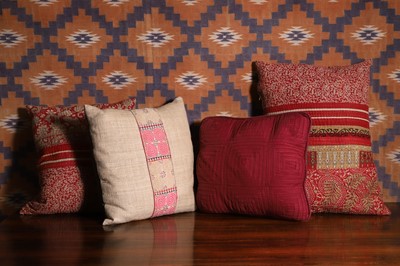 Lot A group of four sari, quilted and Chinese fabric cushions