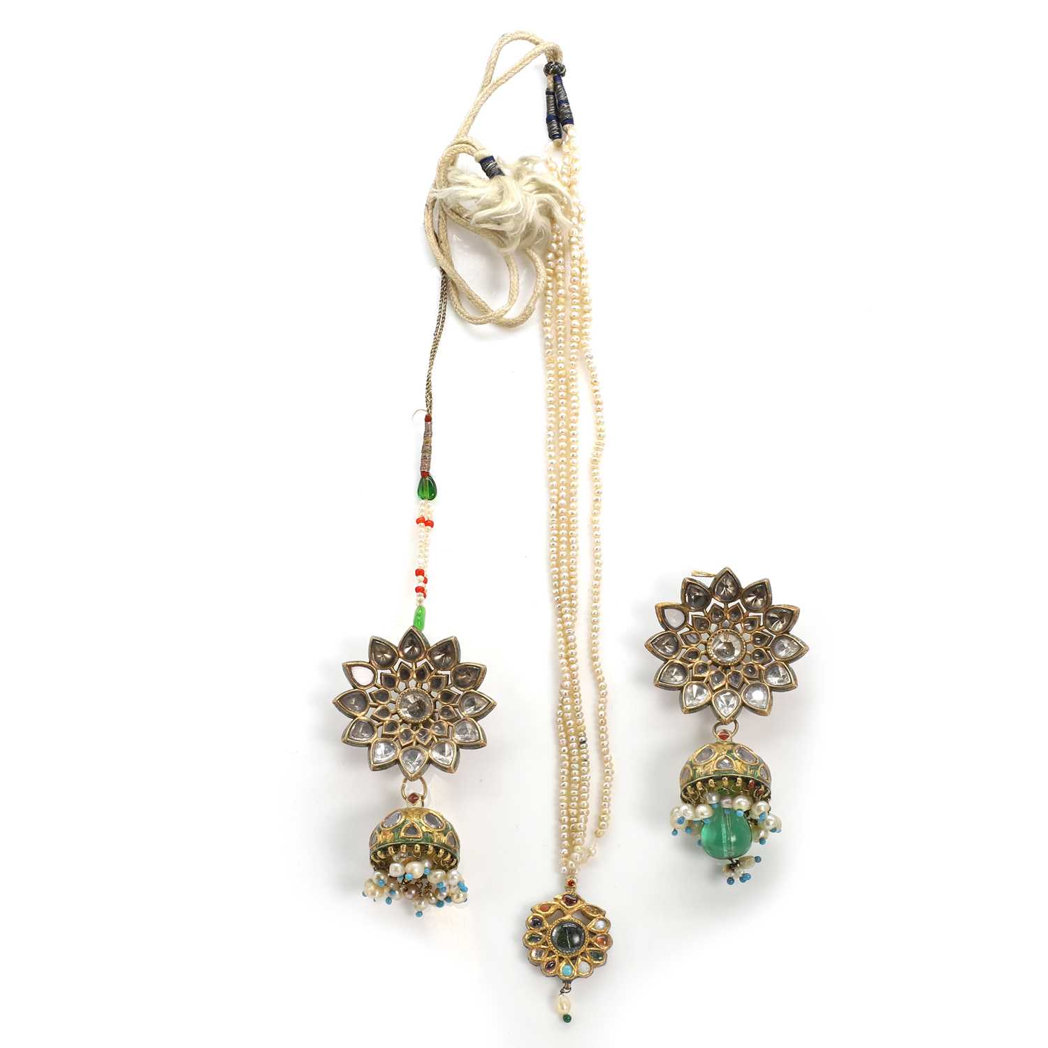 Lot 308 - A pair of Indian gemstone, glass and freshwater pearl earrings and a pendant