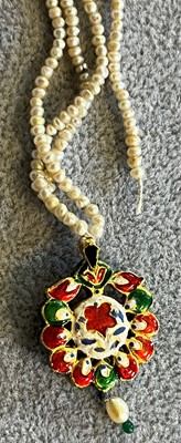 Lot 308 - A pair of Indian gemstone, glass and freshwater pearl earrings and a pendant