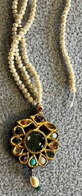 Lot 308 - A pair of Indian gemstone, glass and freshwater pearl earrings and a pendant