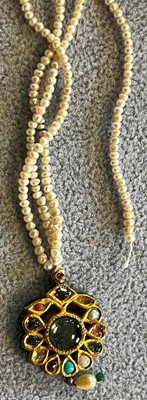 Lot 308 - A pair of Indian gemstone, glass and freshwater pearl earrings and a pendant
