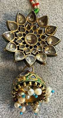 Lot 308 - A pair of Indian gemstone, glass and freshwater pearl earrings and a pendant