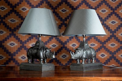 Lot A pair of pewter Rhinoceros table lamps