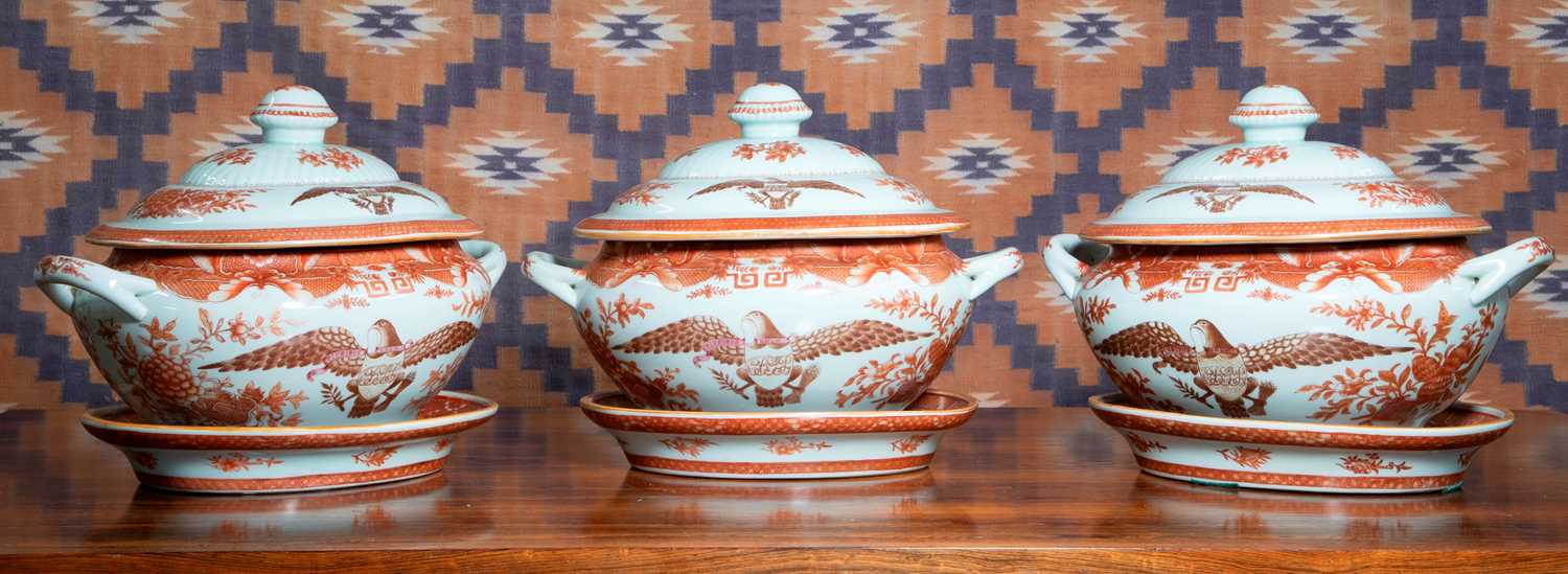 Lot Three Chinese export Fitzhugh pattern tureens on stands