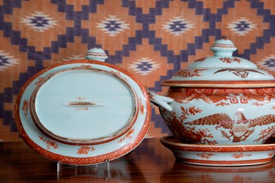 Lot 743 - Three Chinese export Fitzhugh pattern tureens on stands