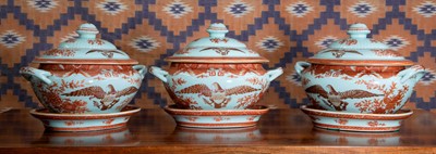 Lot 743 - Three Chinese export Fitzhugh pattern tureens on stands