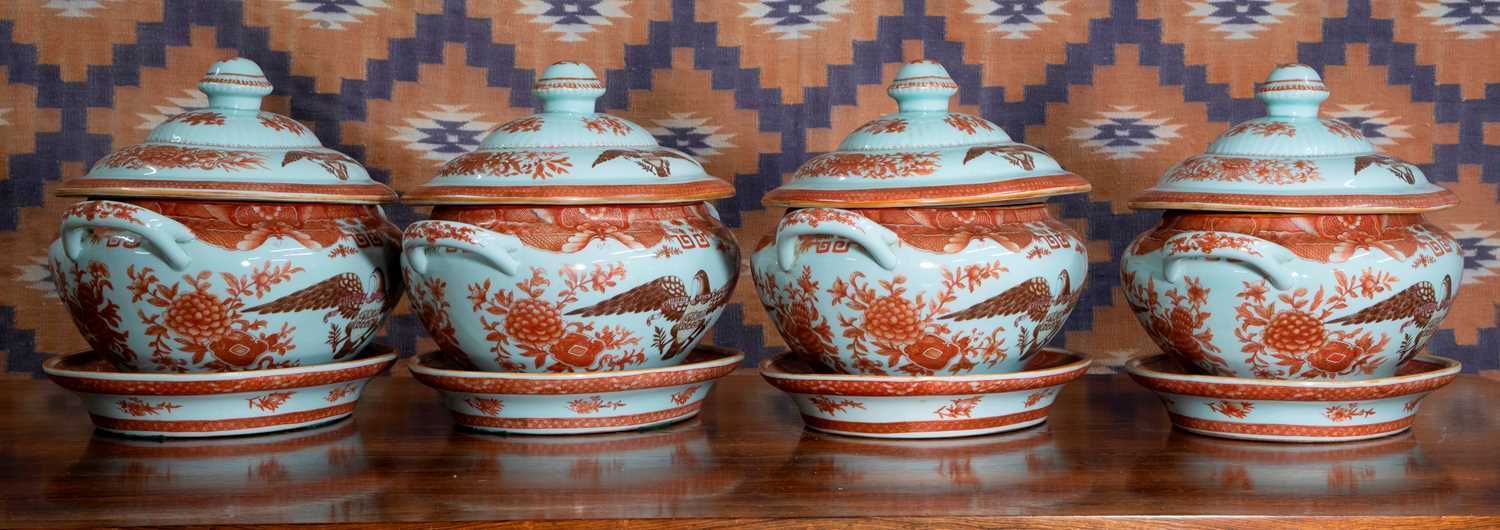 Lot A set of four Chinese export Fitzhugh pattern tureens and stands