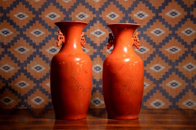 Lot A pair of two handled porcelain vases