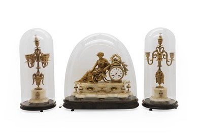 Lot 220 - A French gilt metal and alabaster clock garniture