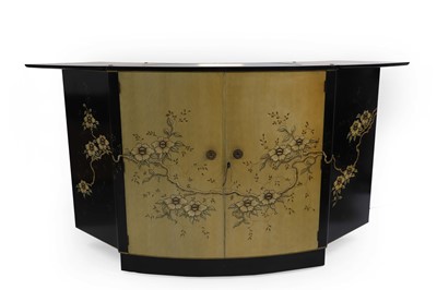 Lot 404 - A curved black lacquer and maple cocktail cabinet