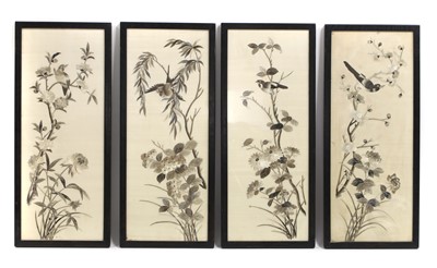 Lot 195A - A set of four silk embroideries of birds on branches