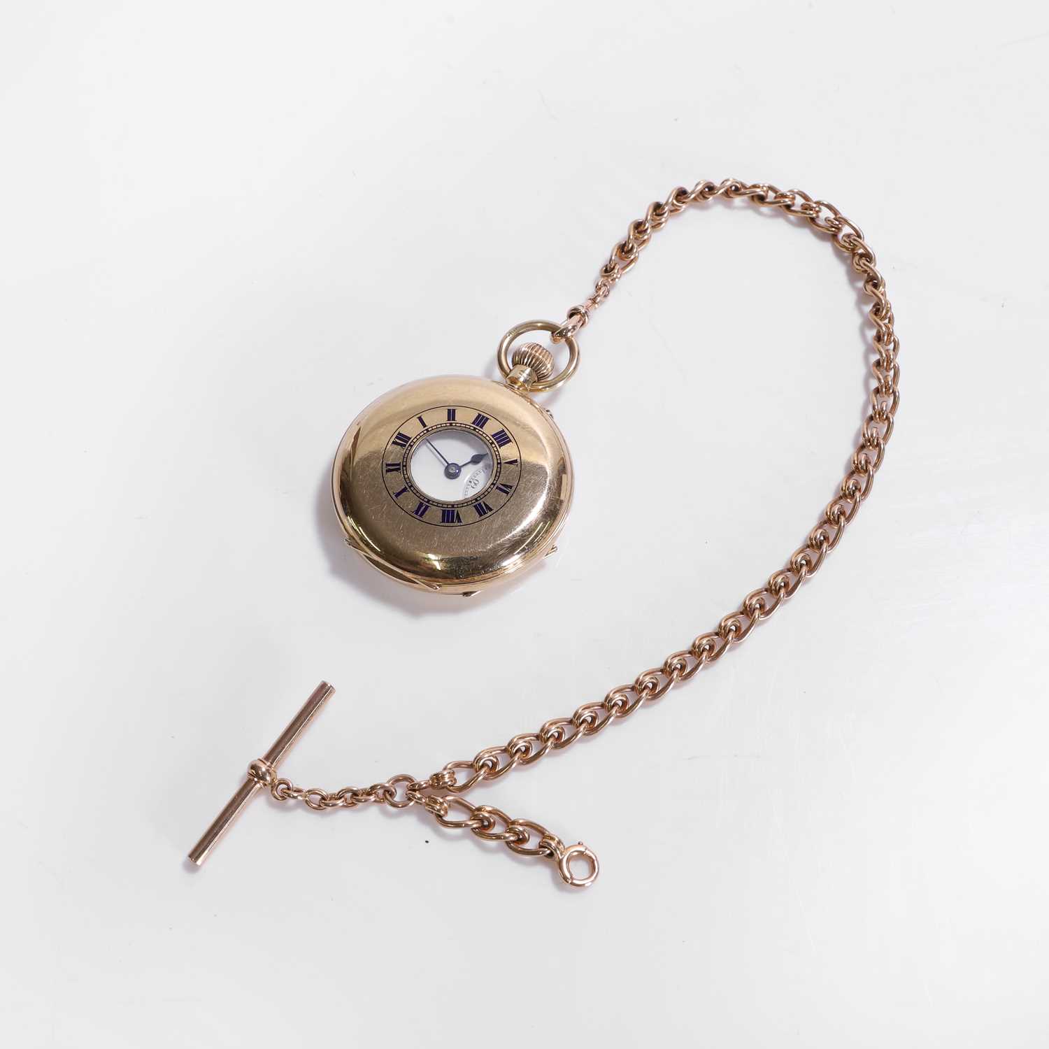 Lot 100 - An 18ct gold half hunter pocket watch with albert chain