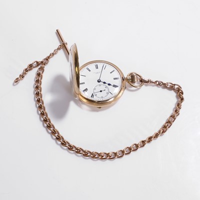 Lot 100 - An 18ct gold half hunter pocket watch with albert chain
