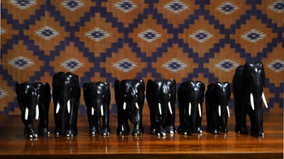 Lot A group of eight Indian ebony elephant figures