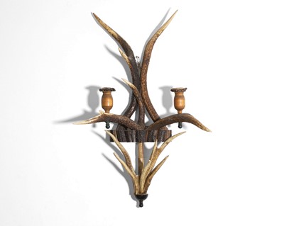 Lot A Red deer antler two branch wall light