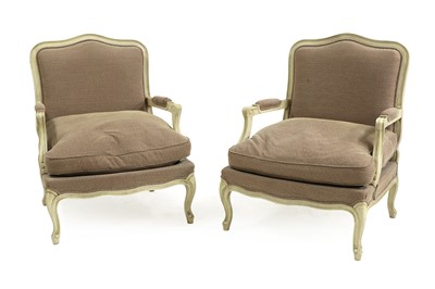 Lot 407 - A pair of Louis XV style cream painted fauteuils