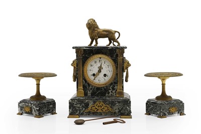 Lot 389 - A gilt-metal and marble clock garniture