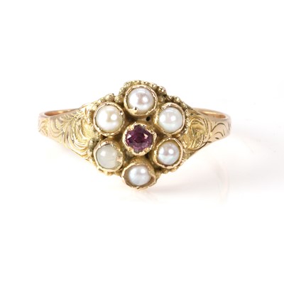 Lot 13 - A Victorian garnet and split pearl cluster ring