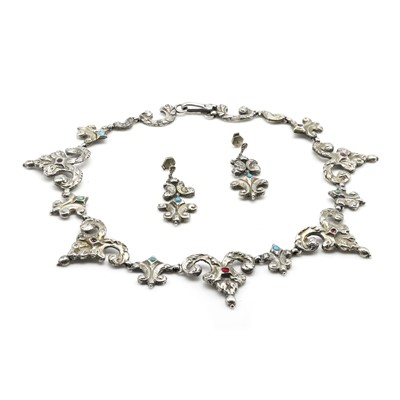 Lot 54 - A Continental silver necklace and drop earrings set