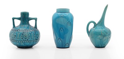 Lot 159 - Three turquoise Burmantofts Pottery vases