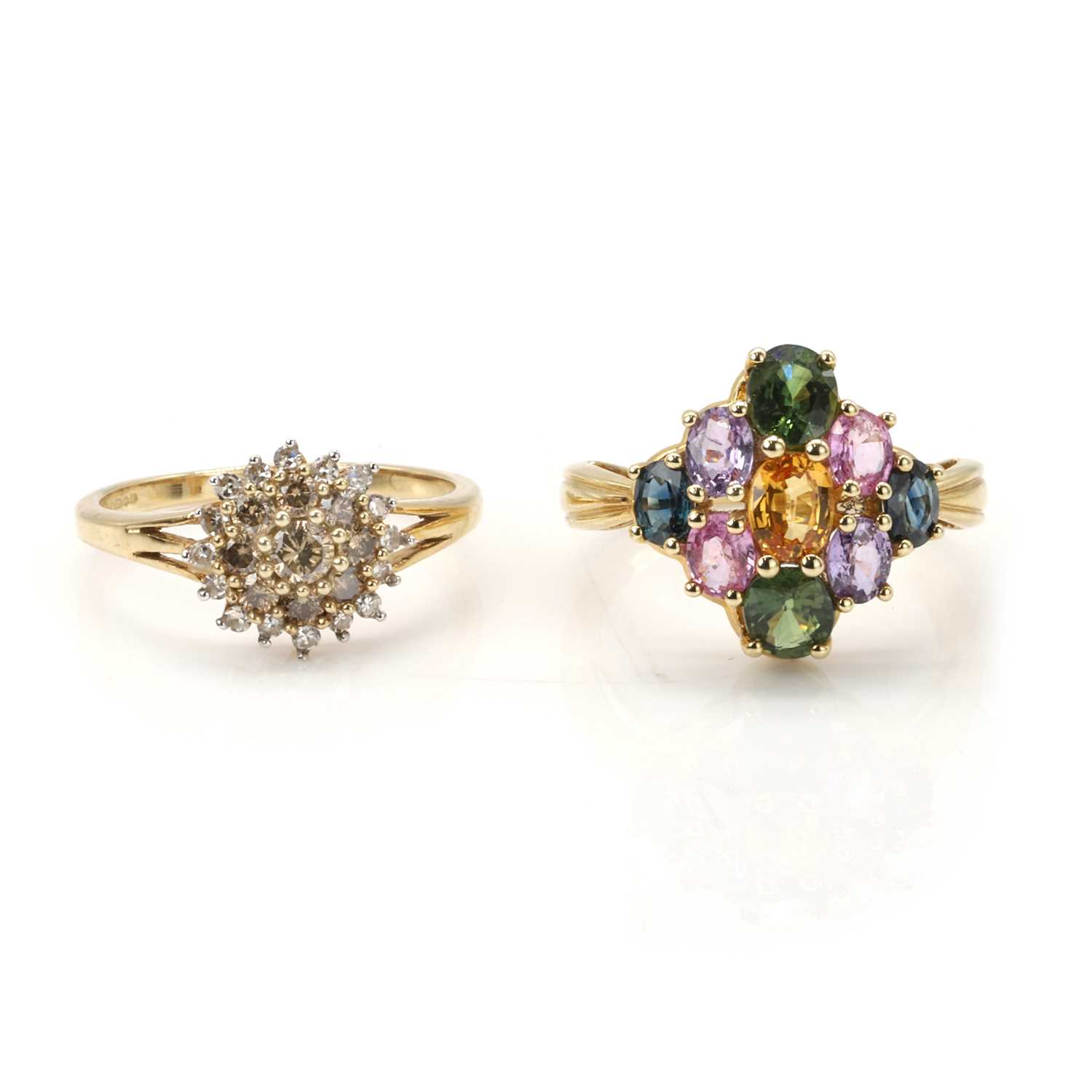 Lot 316 - A 9ct gold vari-coloured sapphire cluster ring and a 9ct gold diamond cluster ring
