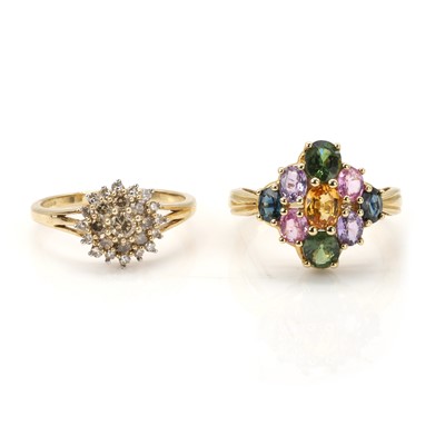 Lot 316 - A 9ct gold vari-coloured sapphire cluster ring and a 9ct gold diamond cluster ring