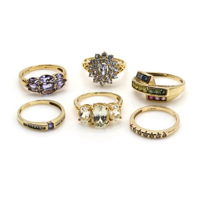 Lot 374 - A group of six 9ct gold gemstone set rings