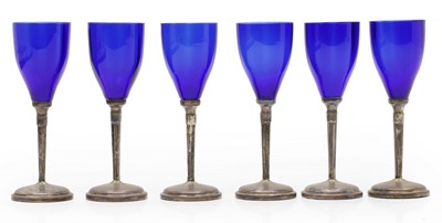 Lot 19 - A set of six blue glass and silver liqueur glasses