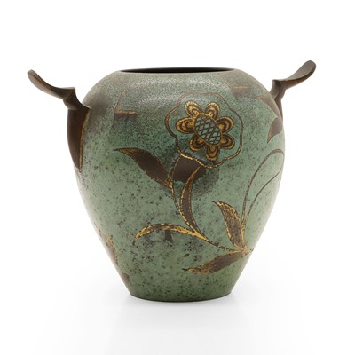 Lot 245 - A WMF 'Ikora' patinated bronze inlaid vase