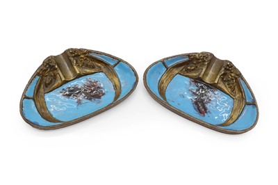 Lot 422 - A pair of small Art Nouveau gilt brass and enamel ashtrays