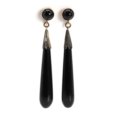 Lot 27 - A pair of onyx drop pippin drop earrings